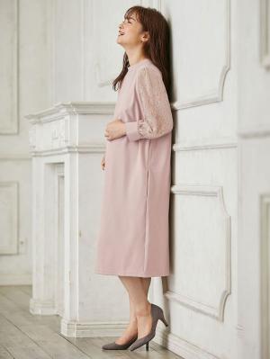 マタニティ ワンピース|ニットジョーゼット袖レースワンピース　マタニティ・授乳服【出産後も長く使える】|ベージュ