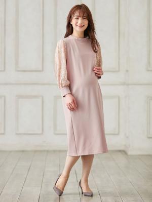 マタニティ ワンピース|ニットジョーゼット袖レースワンピース　マタニティ・授乳服【出産後も長く使える】|ベージュ