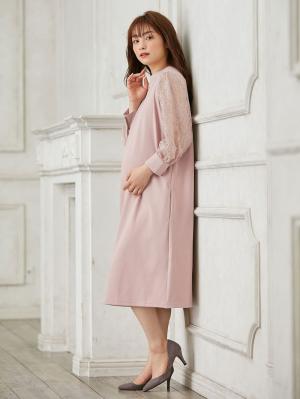 マタニティ ワンピース|ニットジョーゼット袖レースワンピース　マタニティ・授乳服【出産後も長く使える】|ベージュ