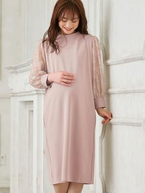 マタニティ ワンピース|ニットジョーゼット袖レースワンピース　マタニティ・授乳服【出産後も長く使える】|ベージュ