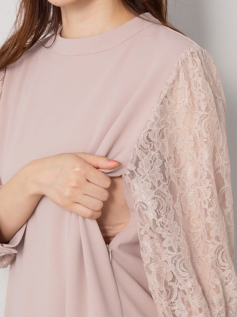 マタニティ ワンピース|ニットジョーゼット袖レースワンピース　マタニティ・授乳服【出産後も長く使える】|ベージュ