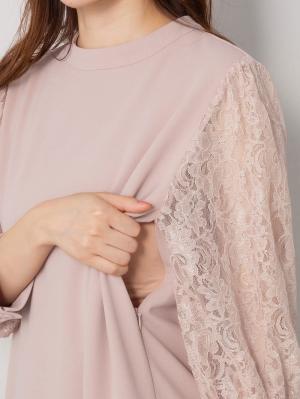 マタニティ ワンピース|ニットジョーゼット袖レースワンピース　マタニティ・授乳服【出産後も長く使える】|ベージュ