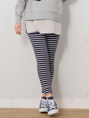 マタニティ パンツ|ストレッチ裏毛ジョガーパンツ【出産後も長く使える】|ネイビー(ボーダー)