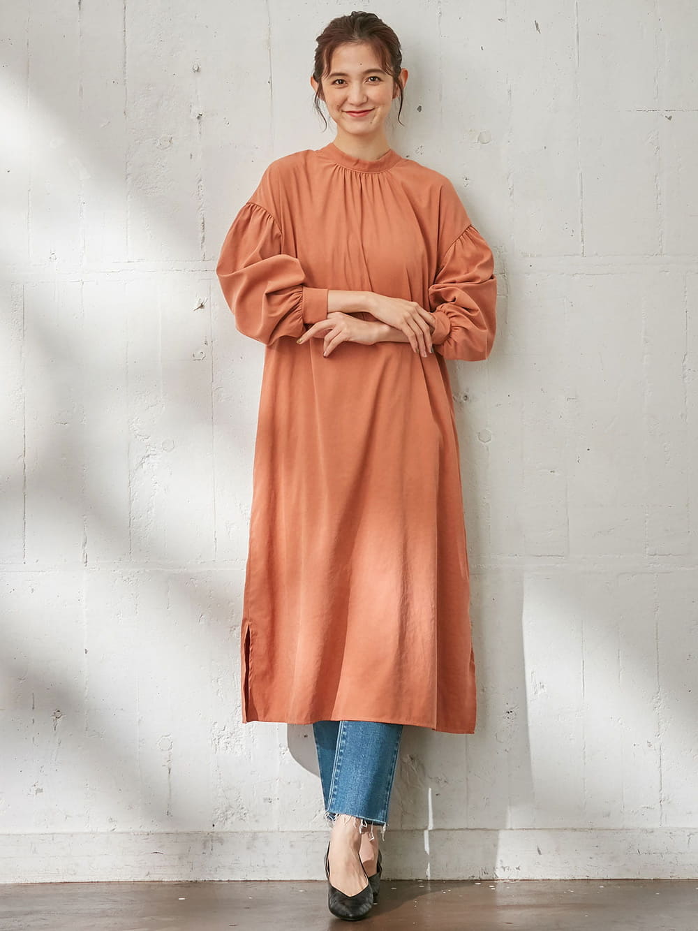 マタニティ ワンピース|ピーチ素材2WAYギャザーワンピース　マタニティ・授乳服|テラコッタ