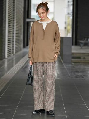 マタニティ トップス|【抗菌・防臭加工】ウール混スリットネックニットトップス　マタニティ・授乳服【出産後も長く使える】|ベージュ