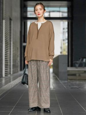 マタニティ トップス|【抗菌・防臭加工】ウール混スリットネックニットトップス　マタニティ・授乳服【出産後も長く使える】|ベージュ