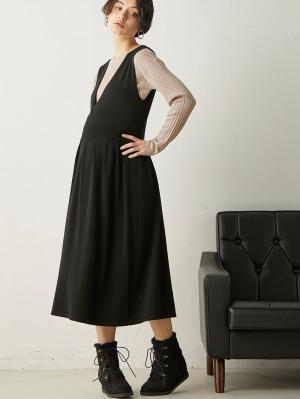 マタニティ ワンピース|【セット】リブニットトップス＆ニットジャンパースカート マタニティ・授乳服　【出産後も長く使える】|ベージュ×ブラック