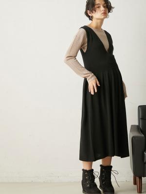 マタニティ ワンピース|【セット】リブニットトップス＆ニットジャンパースカート マタニティ・授乳服　【出産後も長く使える】|ベージュ×ブラック