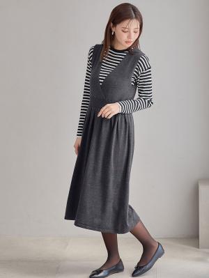 マタニティ ワンピース|【セット】リブニットトップス＆ニットジャンパースカート マタニティ・授乳服　【出産後も長く使える】|チャコール×ブラックオフボーダー