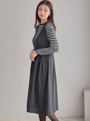 マタニティ ワンピース|【セット】リブニットトップス＆ニットジャンパースカート マタニティ・授乳服　【出産後も長く使える】|チャコール×ブラックオフボーダー