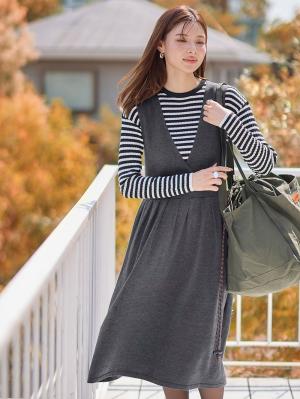 マタニティ ワンピース|【セット】リブニットトップス＆ニットジャンパースカート マタニティ・授乳服　【出産後も長く使える】|チャコール×ブラックオフボーダー