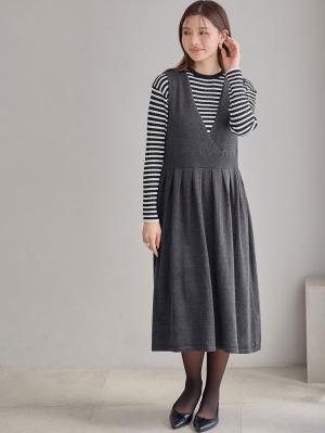 マタニティ ワンピース|【セット】リブニットトップス＆ニットジャンパースカート マタニティ・授乳服　【出産後も長く使える】|チャコール×ブラックオフボーダー