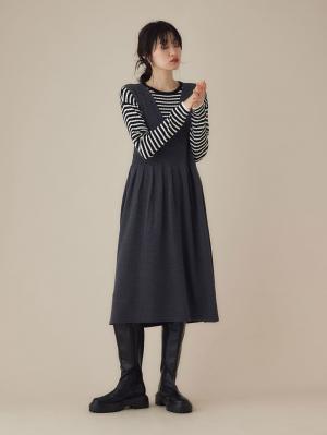 マタニティ ワンピース|【セット】リブニットトップス＆ニットジャンパースカート マタニティ・授乳服　【出産後も長く使える】|チャコール×ブラックオフボーダー