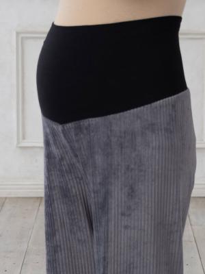 マタニティ パンツ|【マタニティ・産後兼用】ストレッチニットコールワイドパンツ(裾が床につかない機能付き)【出産後も長く使える】