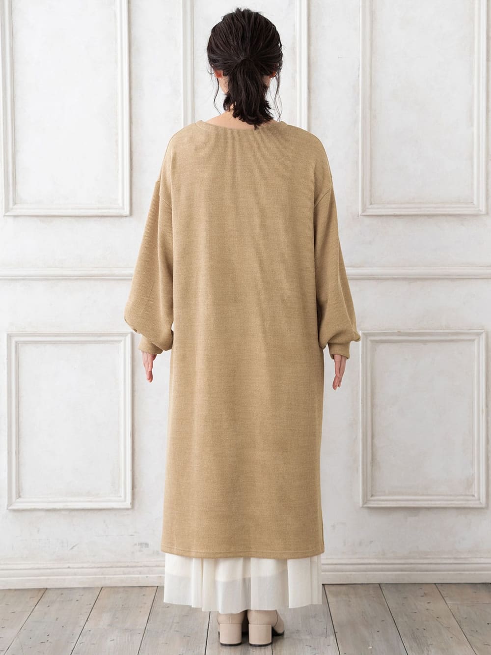 マタニティ ワンピース|ボリュームスリーブニットソーらくちんロングワンピース　マタニティ・授乳服【出産後も長く使える】