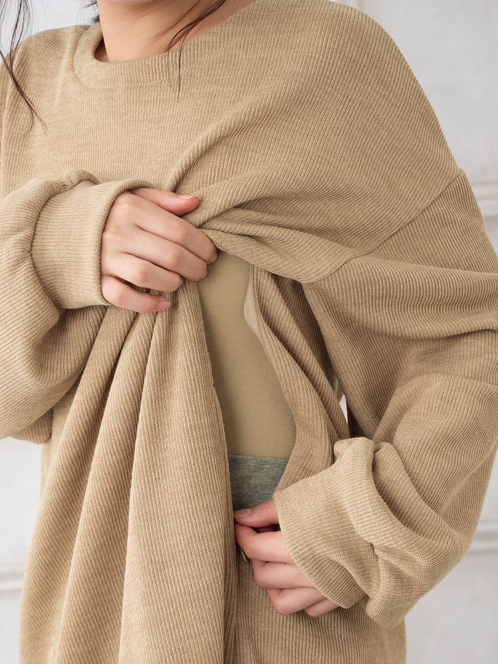 マタニティ ワンピース|ボリュームスリーブニットソーらくちんロングワンピース　マタニティ・授乳服【出産後も長く使える】