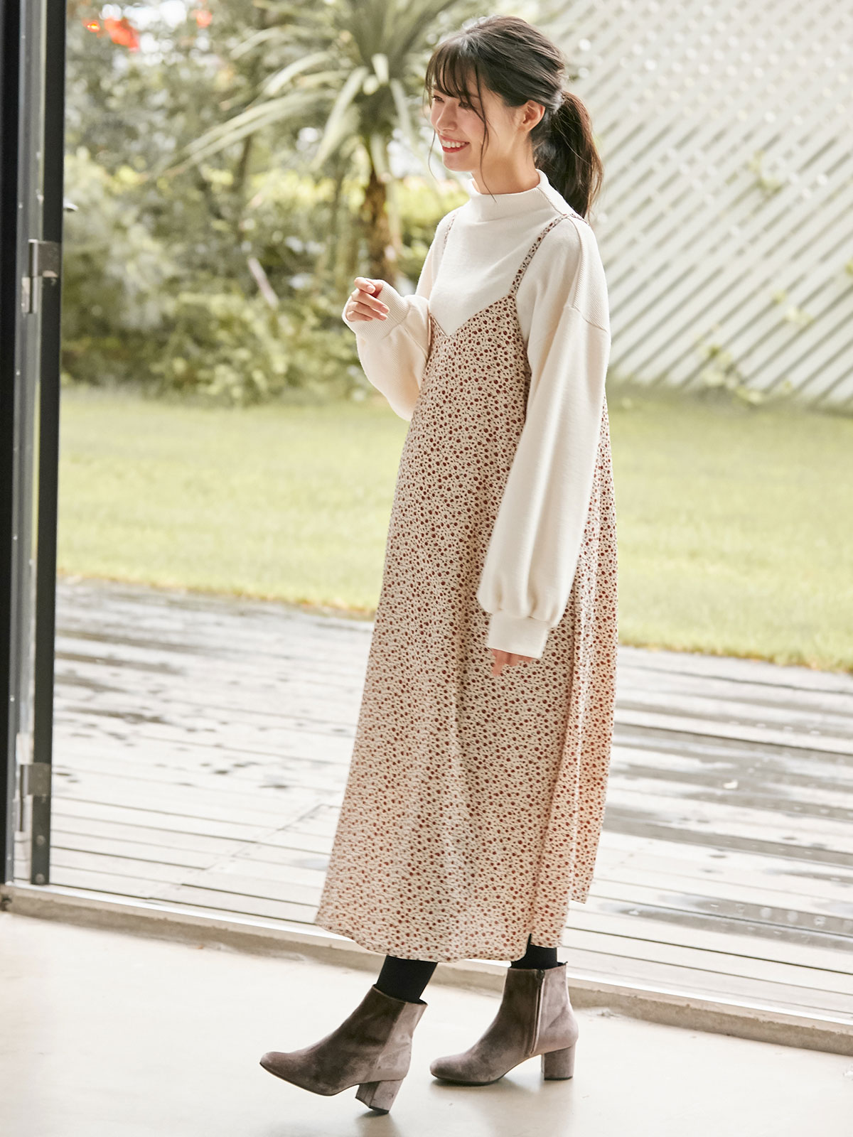 マタニティ ワンピース セット ボトルネックニットソートップス プリントシフォンキャミワンピース マタニティ 授乳服 マタニティウェア 授乳服通販 エンジェリーベ 公式