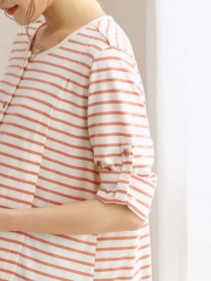 マタニティ パジャマ・ルームウェア|【マタニティ・授乳服】天竺ボーダーロールアップ付きパジャマ