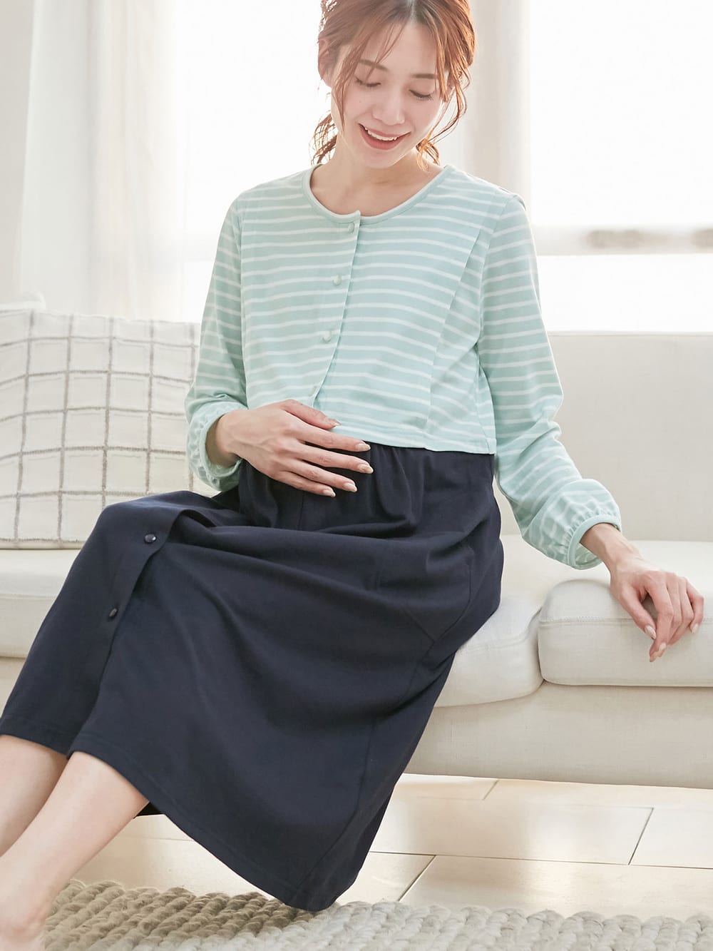 マタニティ・授乳服】天竺ボーダー×無地ネグリジェ パジャマ マタニティ パジャマ・ルームウェア(品番:29894) |マタニティウェア・授乳服通販| エンジェリーベ 公式 新品天竺無地 フリル半袖Tシャツ/100