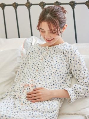 マタニティ パジャマ・ルームウェア|【マタニティ・授乳服】天竺花柄ネグリジェ|アイボリー