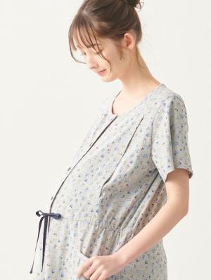 マタニティ パジャマ・ルームウェア|【マタニティ・授乳服】天竺花柄半袖ネグリジェ|グレー