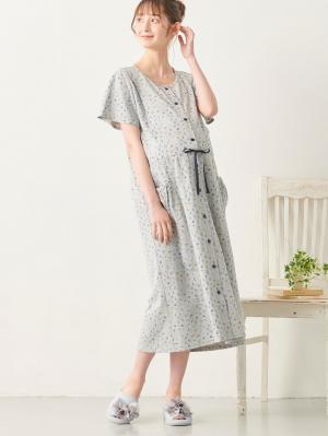 マタニティ パジャマ・ルームウェア|【マタニティ・授乳服】天竺花柄半袖ネグリジェ|グレー