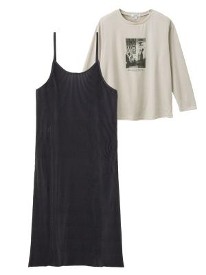 マタニティ ワンピース|【2点セット】セルフカット　プリーツキャミワンピ＆フォトプリントトップスセット　マタニティ・授乳服【出産後も長く使える】|ブラック