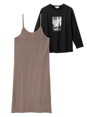 マタニティ ワンピース|【2点セット】セルフカット　プリーツキャミワンピ＆フォトプリントトップスセット　マタニティ・授乳服【出産後も長く使える】|ベージュ