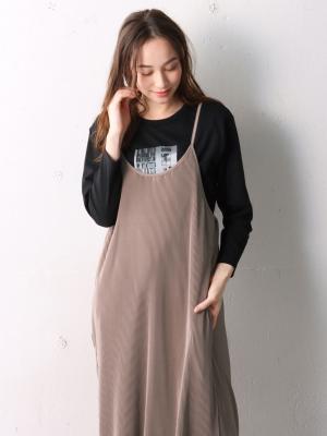 マタニティ ワンピース|【2点セット】セルフカット　プリーツキャミワンピ＆フォトプリントトップスセット　マタニティ・授乳服【出産後も長く使える】|ベージュ