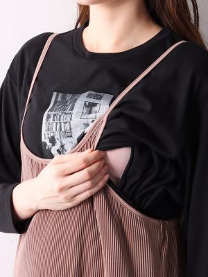 マタニティ ワンピース|【2点セット】セルフカット　プリーツキャミワンピ＆フォトプリントトップスセット　マタニティ・授乳服【出産後も長く使える】