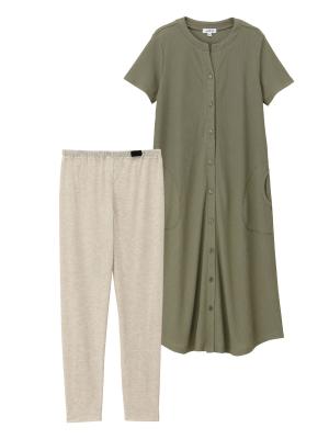 マタニティ パジャマ・ルームウェア|【マタニティ・授乳服】ワッフル×天竺2WAY半袖パジャマ|カーキ