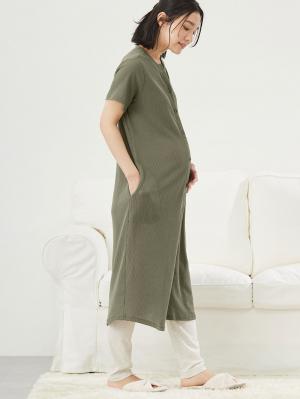 マタニティ パジャマ・ルームウェア|【マタニティ・授乳服】ワッフル×天竺2WAY半袖パジャマ|カーキ