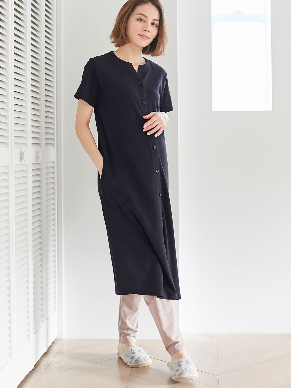 マタニティ パジャマ・ルームウェア|【マタニティ・授乳服】ワッフル×天竺2WAY半袖パジャマ|ネイビー