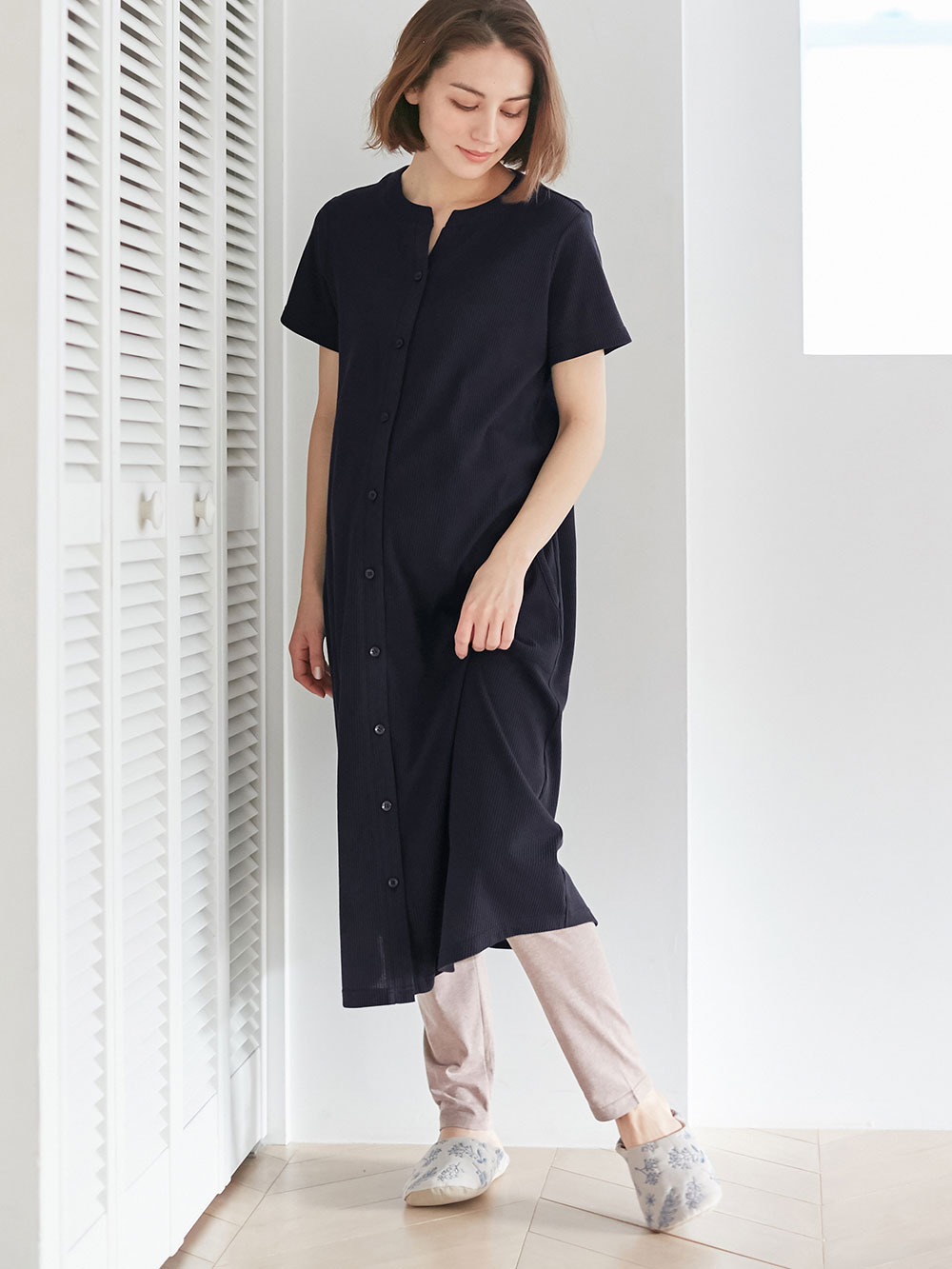 マタニティ パジャマ・ルームウェア|【マタニティ・授乳服】ワッフル×天竺2WAY半袖パジャマ|ネイビー