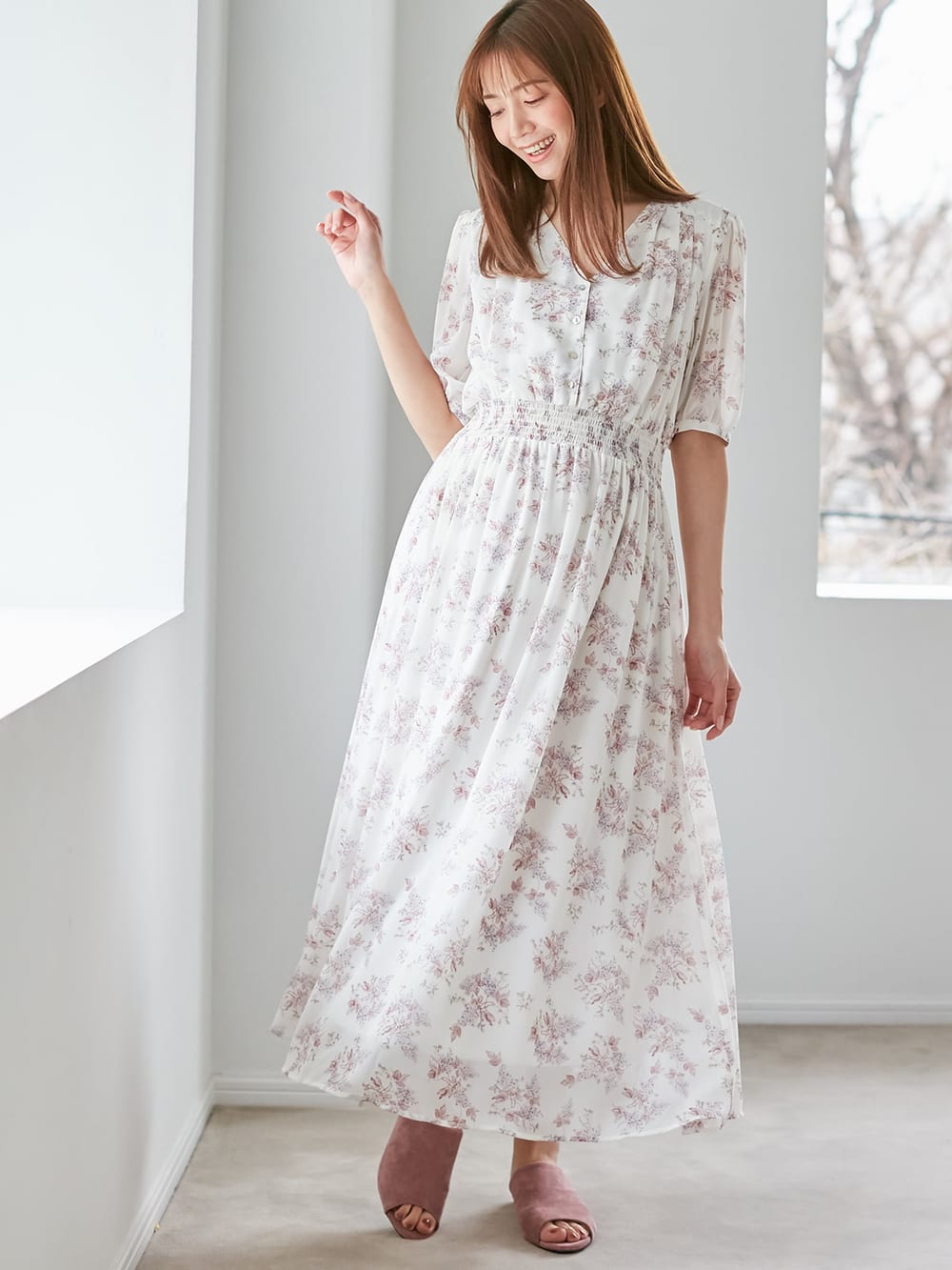 マタニティ ワンピース マタニティ 授乳服 ウエストシャーリングフラワープリントロングワンピース マタニティウェア 授乳服通販 エンジェリーベ 公式