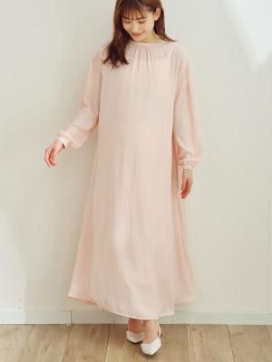 マタニティ ワンピース|【2丈展開】ヴィンテージサテン3WAYギャザーフレアルームワンピース　マタニティ・授乳服【出産後も長く使える】|ペールピンク（ロング丈）