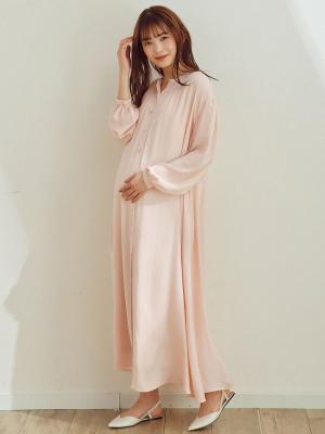 マタニティ ワンピース|【2丈展開】ヴィンテージサテン3WAYギャザーフレアルームワンピース　マタニティ・授乳服【出産後も長く使える】|ペールピンク（ロング丈）