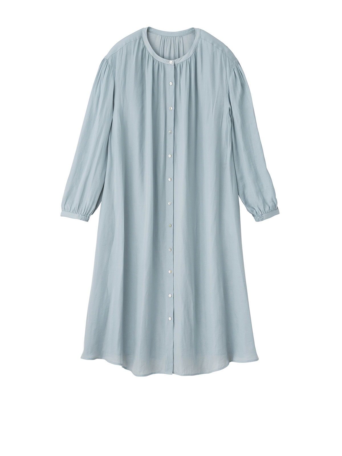 マタニティ ワンピース|【2丈展開】ヴィンテージサテン3WAYギャザーフレアルームワンピース　マタニティ・授乳服【出産後も長く使える】|グレイッシュブルー（ショート丈）