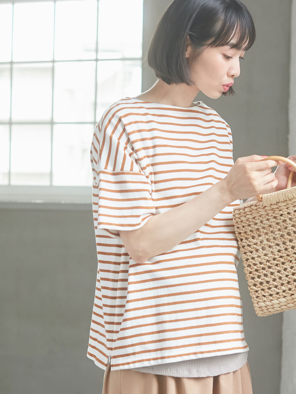 綿100%ワイドシルエット半袖バスクTシャツ マタニティ・授乳服【出産後も長く使える】 マタニティ トップス ｜マタニティウェア・授乳服通販｜  エンジェリーベ 公式