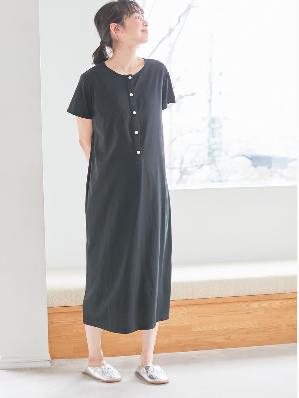 マタニティ パジャマ ルームウェア 部屋着 マタニティ 授乳服 ブラカップ付マキシ丈半袖ワンピース マタニティウェア 授乳服通販 エンジェリーベ 公式