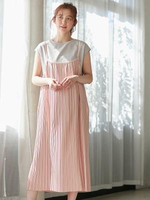 マタニティ ワンピース|フリーカットできるランダムプリーツキャミワンピース　マタニティ・授乳服【出産後も長く使える】|ペールピンク
