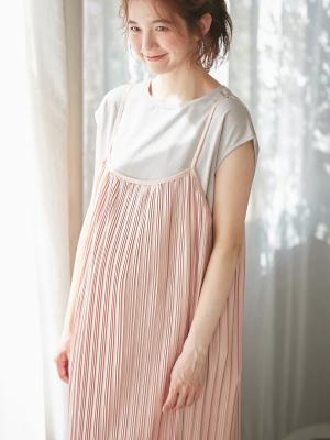 マタニティ ワンピース|フリーカットできるランダムプリーツキャミワンピース　マタニティ・授乳服【出産後も長く使える】|ペールピンク