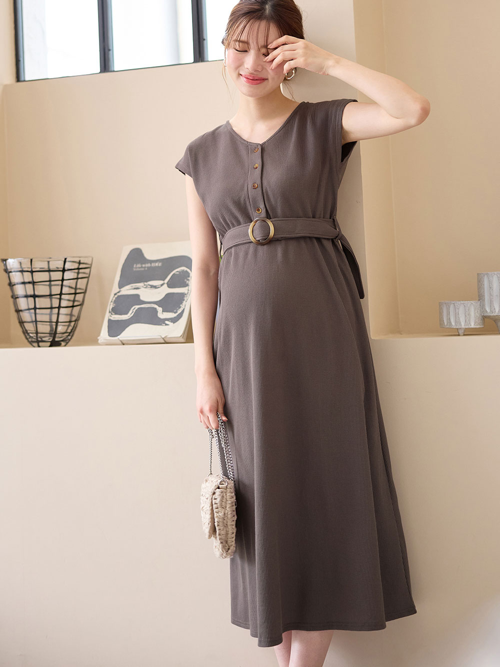 【出産後も長く使える】ワッフル前後 2WAY ワンピース　マタニティ・授乳服