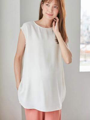 マタニティ ワンピース|【セットアップ】ストレッチジョーゼットフレンチスリーブトップス&ワイドパンツ　マタニティ・授乳服【出産後も長く使える】|アイボリー×ピンク