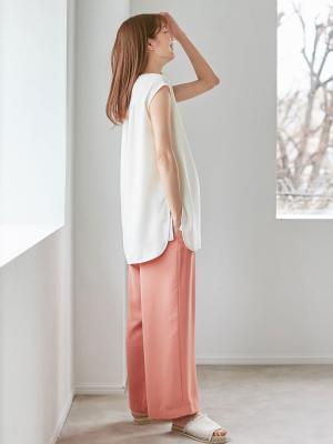 マタニティ ワンピース|【セットアップ】ストレッチジョーゼットフレンチスリーブトップス&ワイドパンツ　マタニティ・授乳服【出産後も長く使える】|アイボリー×ピンク