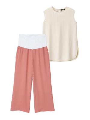 マタニティ ワンピース|【セットアップ】ストレッチジョーゼットフレンチスリーブトップス&ワイドパンツ　マタニティ・授乳服【出産後も長く使える】|アイボリー×ピンク