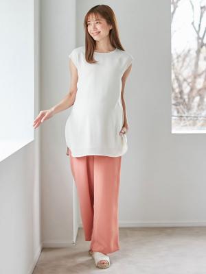 マタニティ ワンピース|【セットアップ】ストレッチジョーゼットフレンチスリーブトップス&ワイドパンツ　マタニティ・授乳服【出産後も長く使える】|アイボリー×ピンク