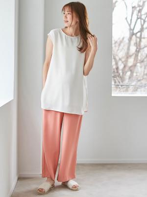 マタニティ ワンピース|【セットアップ】ストレッチジョーゼットフレンチスリーブトップス&ワイドパンツ　マタニティ・授乳服【出産後も長く使える】|アイボリー×ピンク