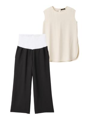 【セットアップ】ストレッチジョーゼットフレンチスリーブトップス&ワイドパンツ　マタニティ・授乳服【出産後も長く使える】 29971