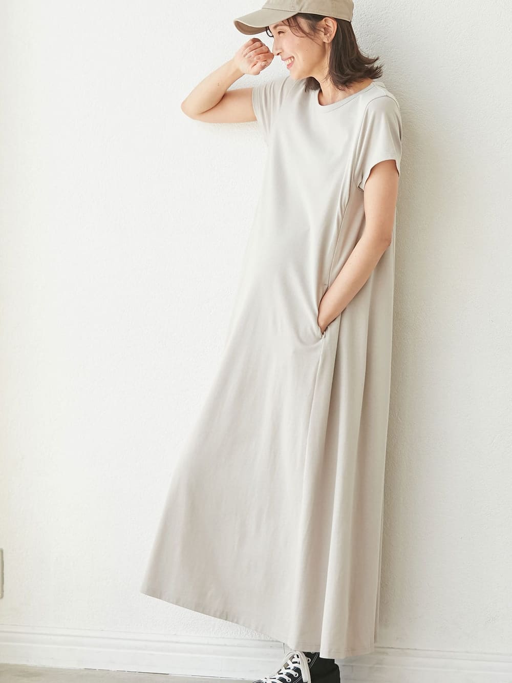 マタニティ ワンピース コットン100 マタニティ 授乳服 Aライン半袖ワンピース ロング丈 マタニティウェア 授乳服通販 エンジェリーベ 公式